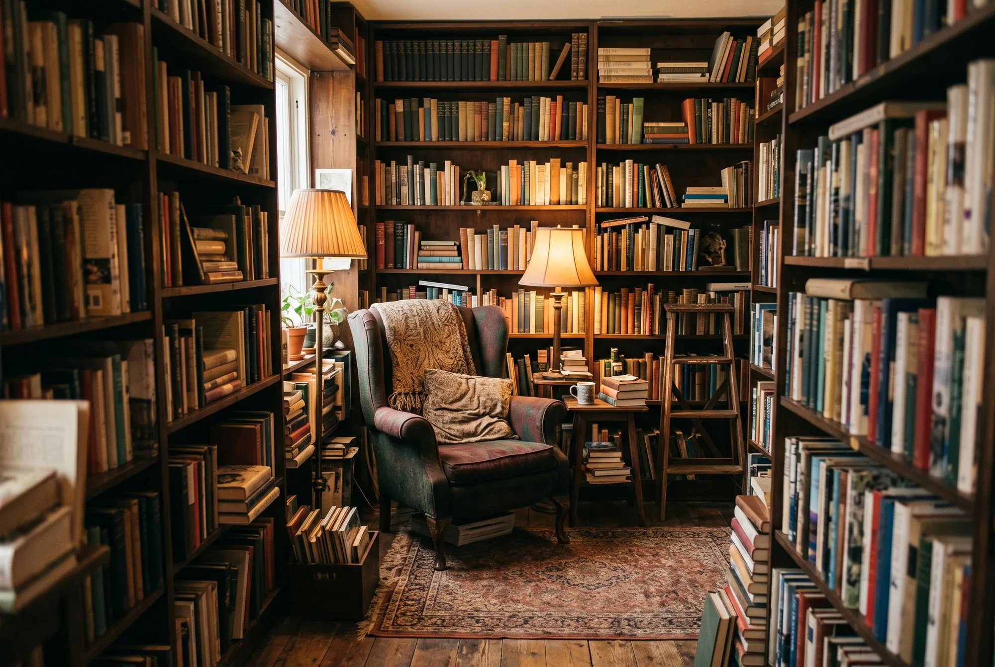 Holzregale voller Bücher und ein Lesesessel in einer kleinen Buchhandlung.
